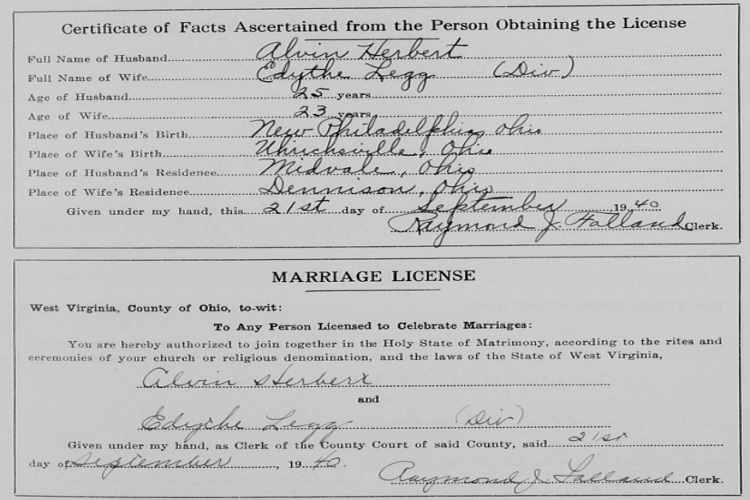 Thomas Alvin Herbert's marriage to Edythe Legg recorded in the West Virginia records, September 1940. (Source: archive.wvculture.org)