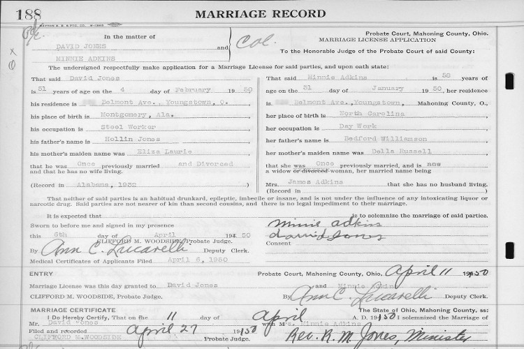 Minnie Adkins' marriage to David Jones recorded in Mahoning County in 1950. (Source: familysearch.org)