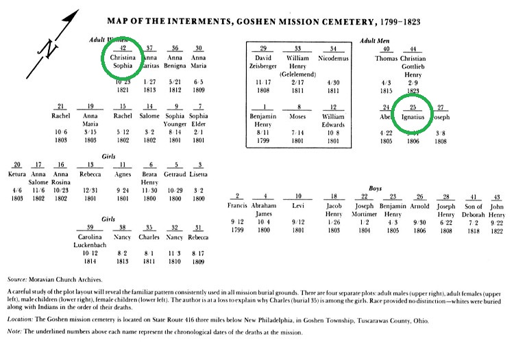Map of Internments at Goshen Cemetery with Ignatius and Christina's graves circled in green. (Source: Blackcoats Among the Delaware: David Zeisberger on the Ohio Frontier, Appendix D)