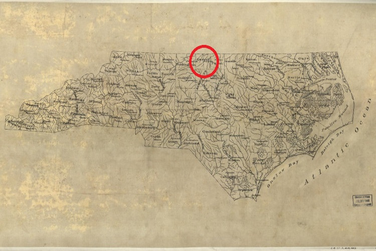 1893 map of North Carolina showing the location (in red) of Caswell County. (Source: loc.gov)