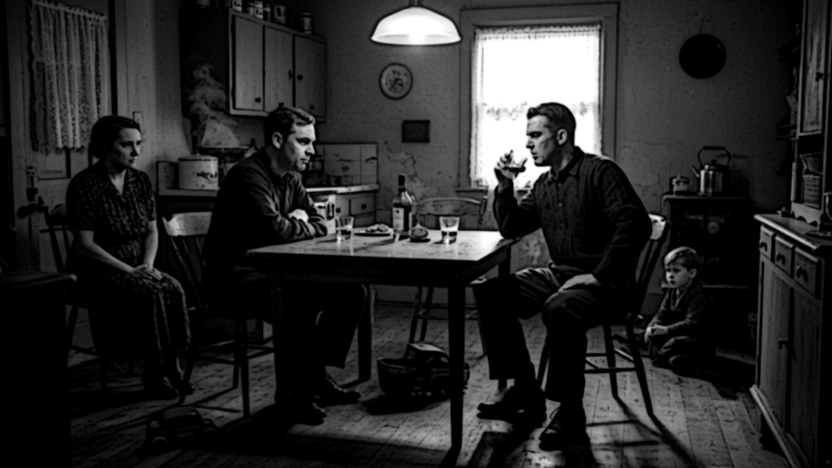 AI generated image depicting Leo Byers and George Alesiano sitting in Alesiano's kitchen drinking whisky on the day Leo was killed. Mrs. Byers is seen in the background, 2025.