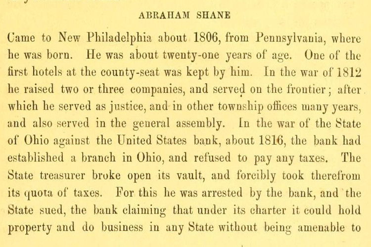 Portion of Abraham Shanes' biographical sketch found in "Ohio Annals. Historic Events in the Tuscarawas and Muskingum valleys, and in other portions of the state of Ohio...", 1876. (Source: archive.org)