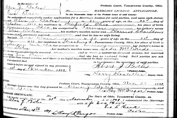 Albert J. Bates' marriage to Eva Stites Bair recorded in Tuscarawas County, Ohio, November 1899. (Source: familysearch.org)