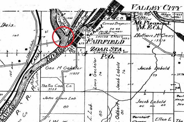 The location near Zoar Station of the bridge over the Tuscarawas River that the men attempted to cross, 1908. (Source: ancestry.com)