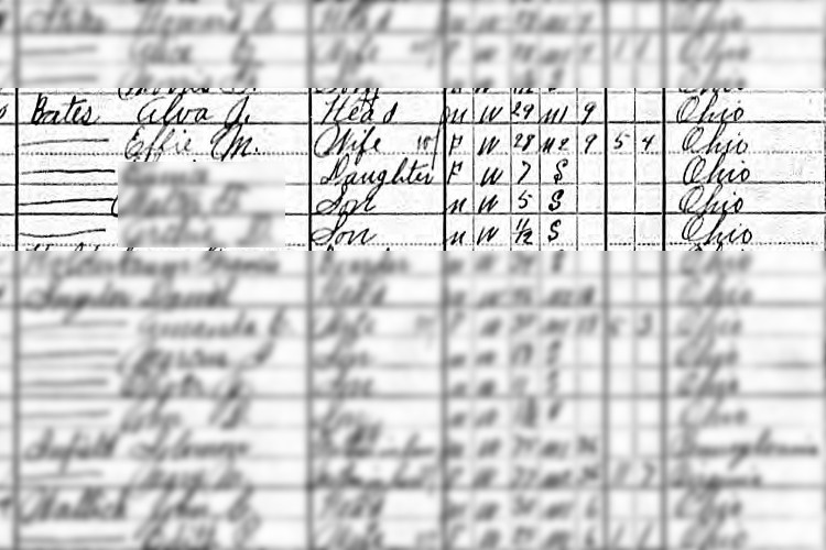 Albert "Alva" and Eva "Effie" Bates and family recorded on the 1910 census for Tuscarawas County, Ohio. (Source: familysearch.org)
