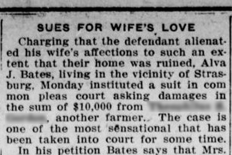 New Philadelphia, Ohio newspaper story about Eva Bates' alleged affair, August 1911. (Source: newspapers.com)