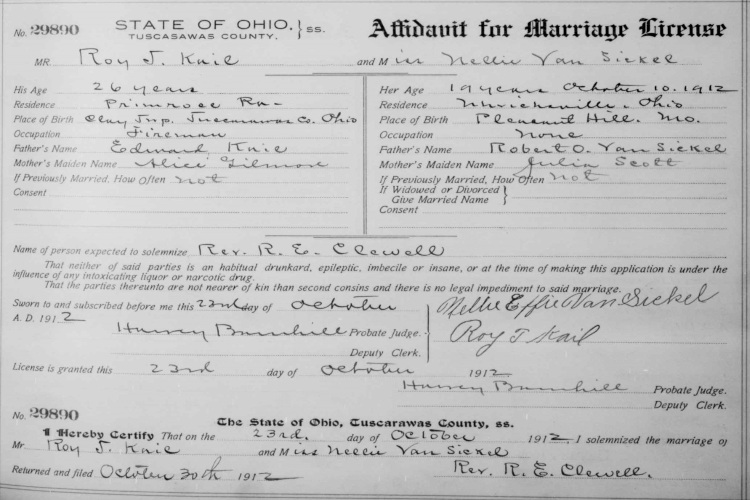 Roy Kail and Nellie Vansickle's marriage affidavit, October 1912. (Source: familysearch.org)