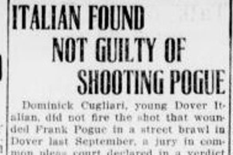 New Philadelphia, Ohio newspaper headline announcing the verdict in the Pogue shooting case against Dominick Cugliari, December 1917. (Source: newspaperarchive.com)