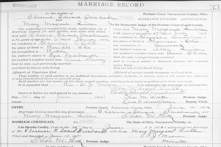 Marriage record of Clarence Garabrandt and Mary Quillen, June 1922. (Source: familysearch.org)