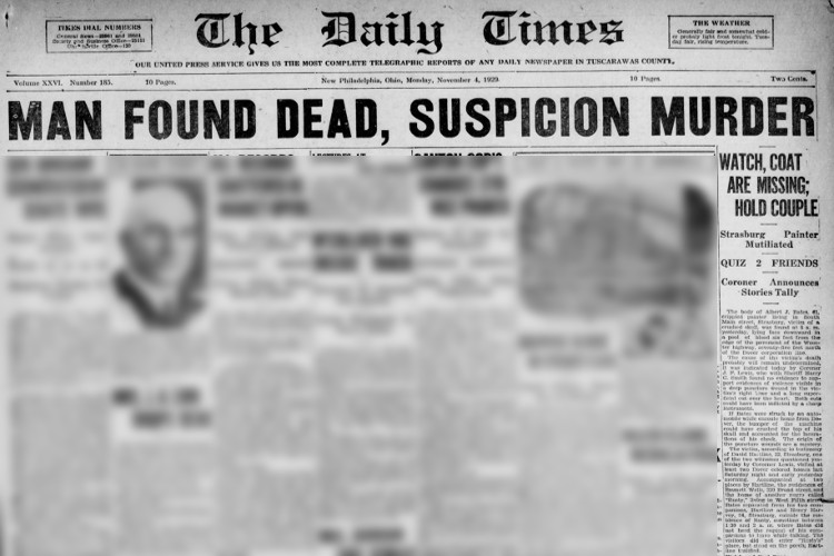 New Philadelphia, Ohio newspaper headline reporting Albert J. Bates' death, November 1929. (Source: newspapers.com)