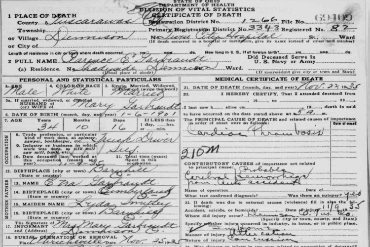 Clarence Garabrandt's death certificate, November 1935. (Source: familysearch.org)