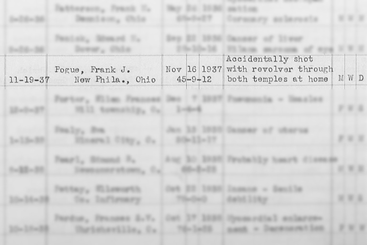 Frank Pogue's county death record recording his death was accidental, November 1937. (Source: familysearch.org)