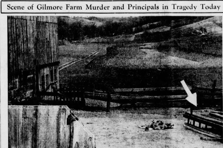 The Kail barnyard pictured in the New Philadelphia, Ohio newspaper. Nellie Kail's body is covered with a blanket, May 1940. (Source: newspapers.com)
