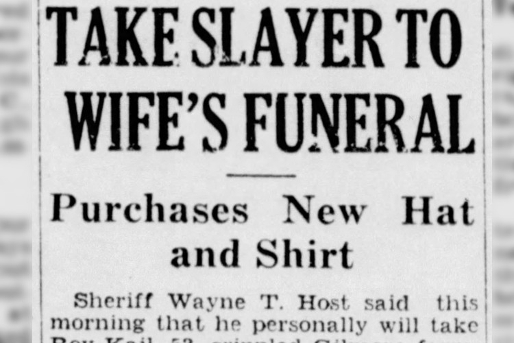 New Philadelphia, Ohio newspaper headline reporting on Roy Kail's attendance at Nellie Kail's funeral, May 1940. (Source: newspapers.com)