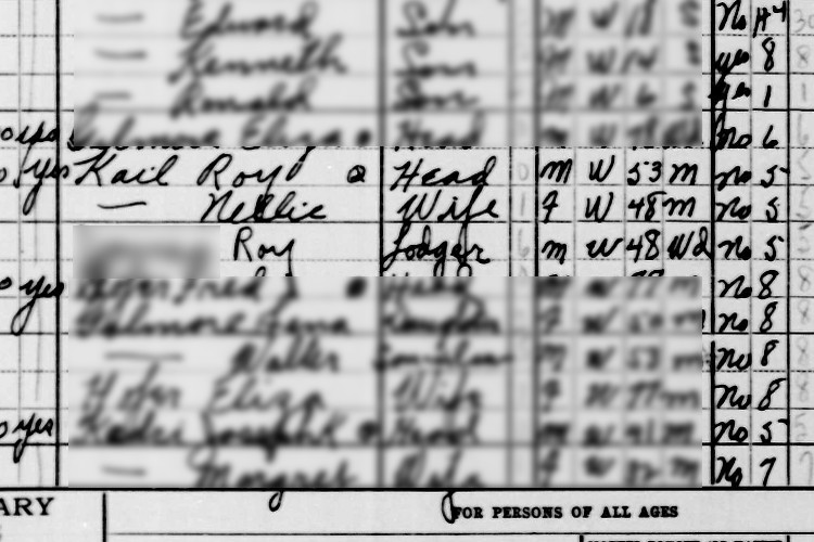 Roy and Nellie Kail, and their farm hand, recorded on the 1940 census for Tuscarawas County, Ohio. (Source: familysearch.org)