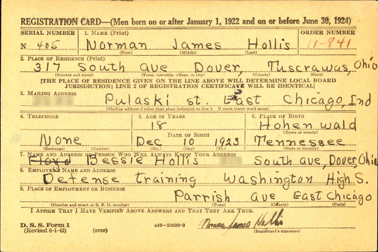 The front side of Norman Hollis' World War Two draft registration card, June 1942. (Source: familysearch.org)