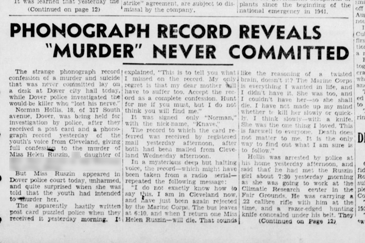 Newspaper article describing Norman J. Hollis's failed murder attempt, August 1942. (Source: newspapers.com)