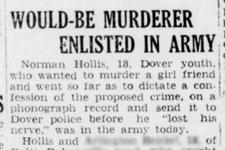 Newspaper article reporting on Norman J. Hollis's enlistment in the US Army, August 1942. (Source: newspapers.com)