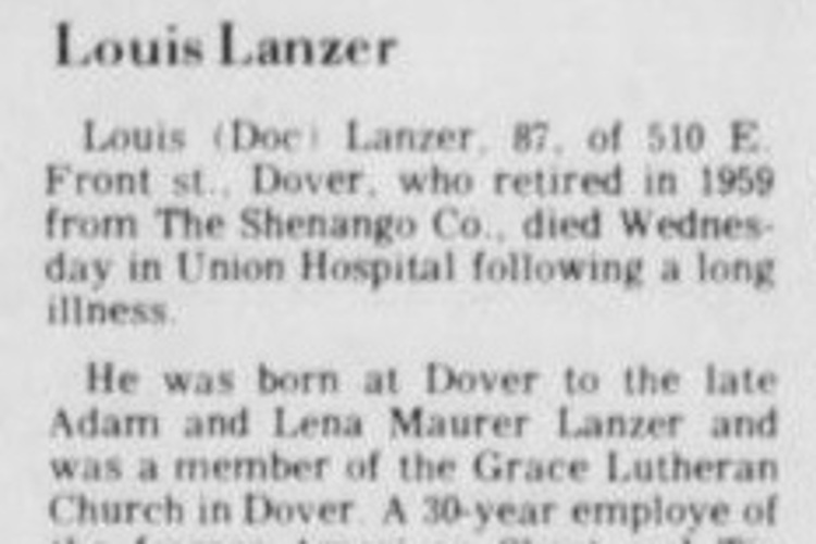Louis Lanzer's obituary in the Dover, Ohio newspaper, April 1977. (Source: newspapers.com)