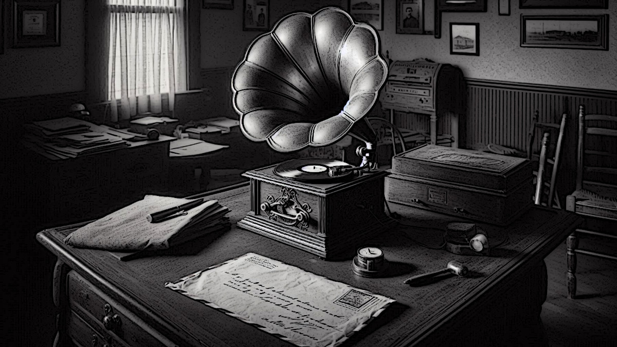 AI generated image depicting a phonograph player playing a record in the Dover, Ohio police station in 1942. (Source: Microsoft Designer)