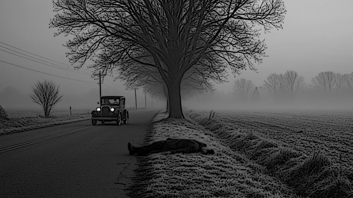 An AI generated image depicting Albert J Bates' body lying on the side of road in November 1929. (Source: ImageFX)