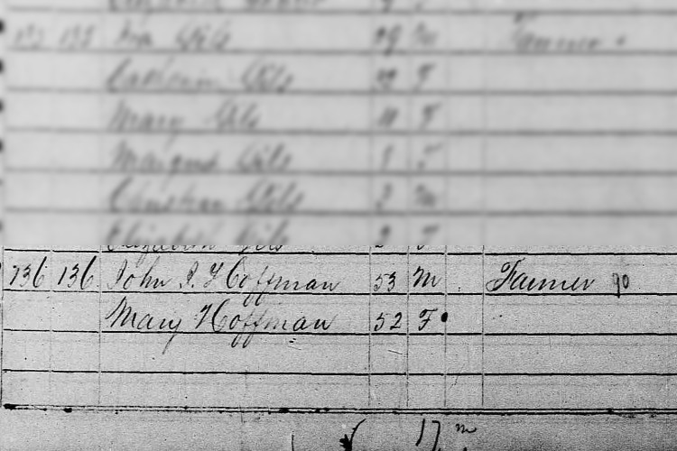 The Hoffmans recorded on the 1850 census for York Township, Tuscarawas County, Ohio. (Source: familysearch.org)