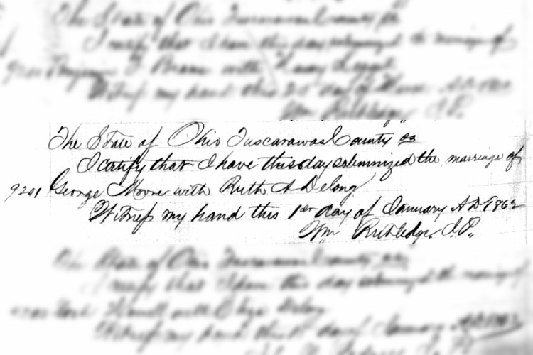Marriage record of George Moore and Ruth Delong in the Tuscarawas County records, January 1862. (Source: familysearch.org)