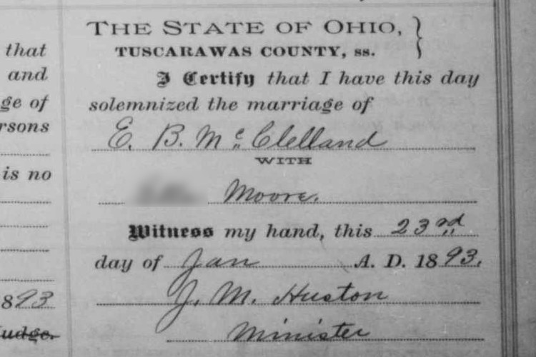 Edward McClelland's marriage to one of the daughters of George and Ruth Moore recorded in the Tuscarawas County records, January 1893. (Source: familysearch.org)
