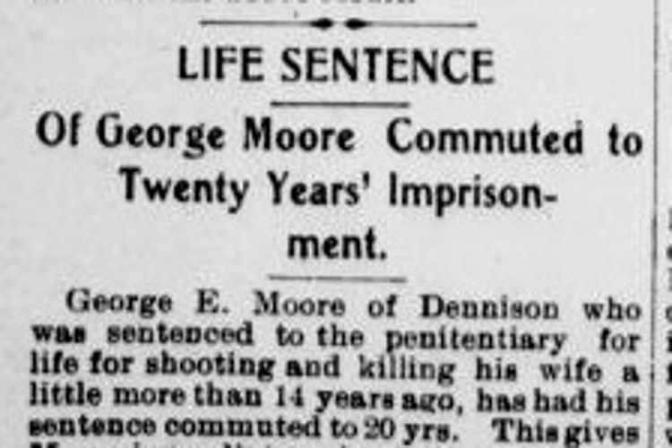 George Moore's sentence commutation and release reported in the New Philadelphia, Ohio newspaper, July 1904. (Source: newspaperarchive.com)
