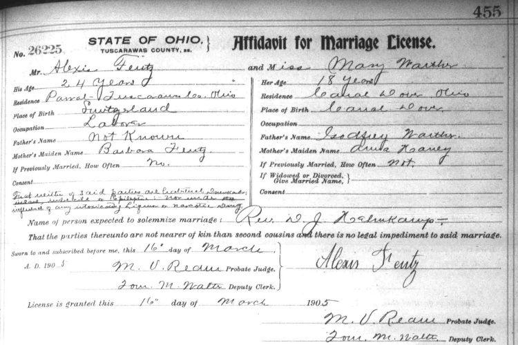 Marriage of Alex Feutz and Mary Warther recorded in the Tuscarawas County records, March 1905. (Source: familysearch.org)