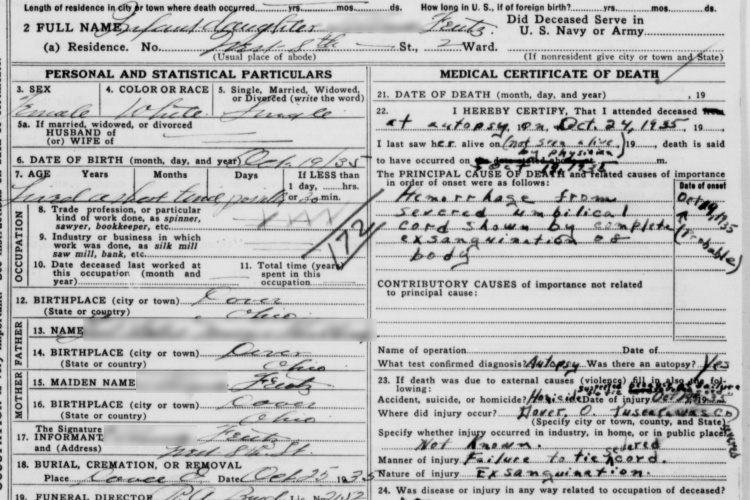 The Infant Feutz's death certificate, October 1935. (Source: familysearch.org)