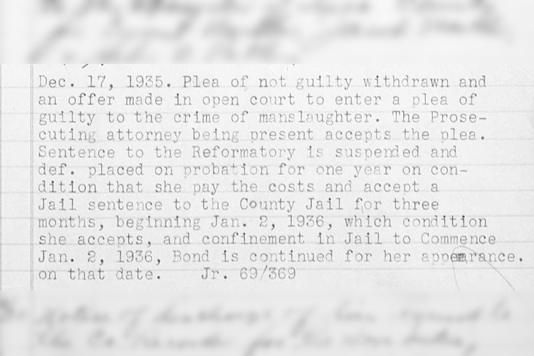 Detail from Mary Feutz's criminal record from the Tuscarawas County court records, December 1935. (Source: familysearch.org)