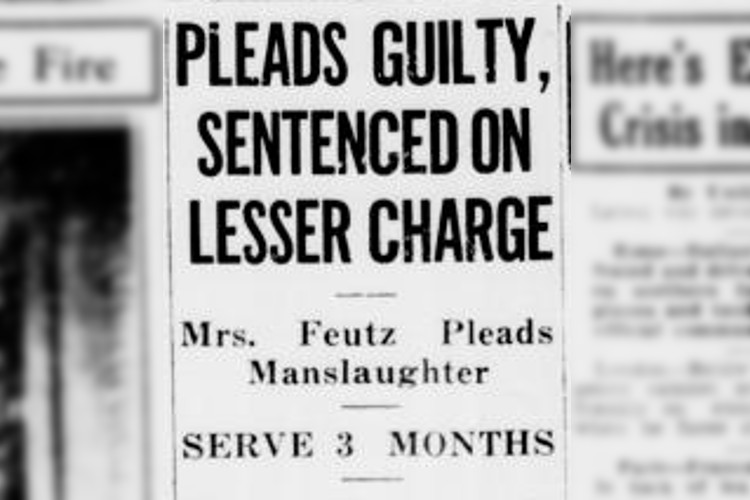 New Philadelphia, Ohio newspaper headline about Mary Feutz's plea of manslaughter, December 1935. (Source: newspaperarchive.com)