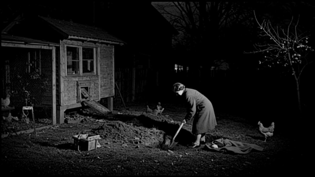 AI generated image depicting Mary Feutz digging a hallow grave in her backyard, 2025. (Source: ImageFX)