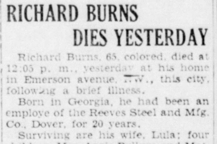 Richard Burns' death recorded in the New Philadelphia, Ohio newspaper, March 1941. (Source: newspaperarchive.com)