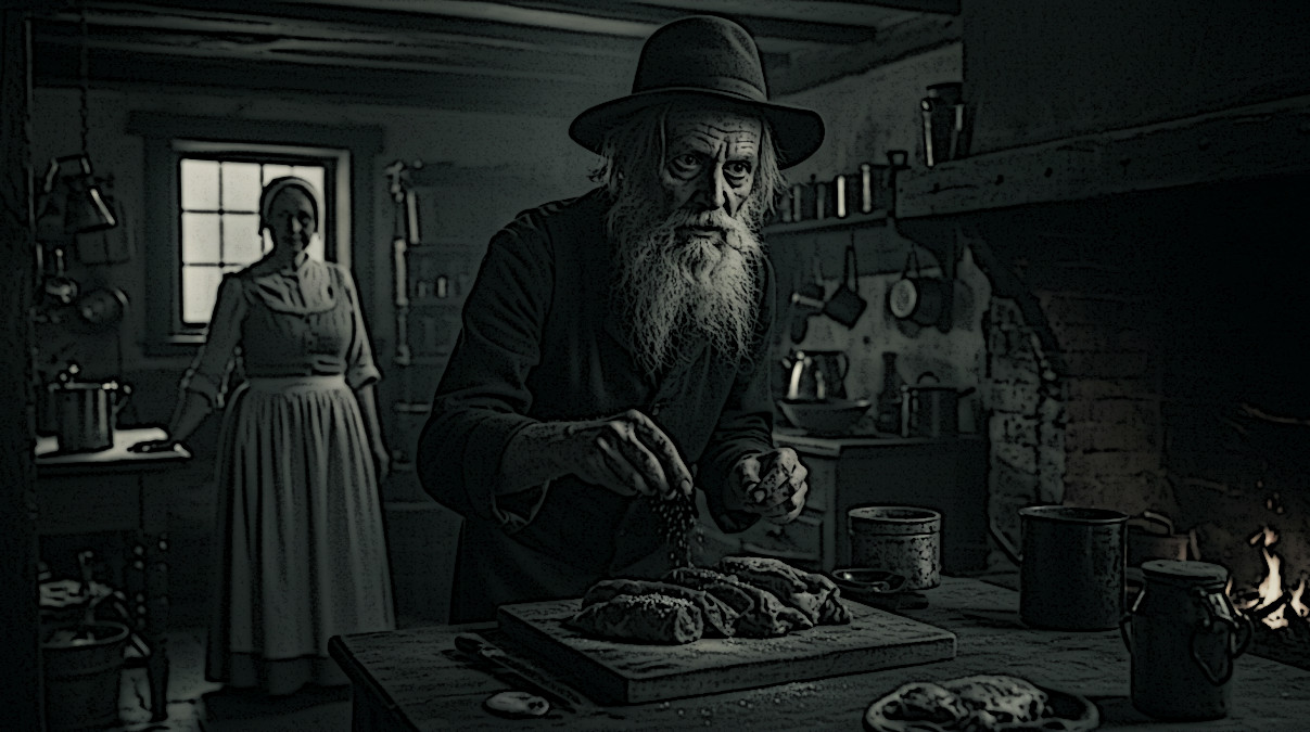 AI generated image depicting John Jacob Hoffman sprinkling arsenic poison on meat in the Hoffman kitchen, 2025 (Source: ImageFX)