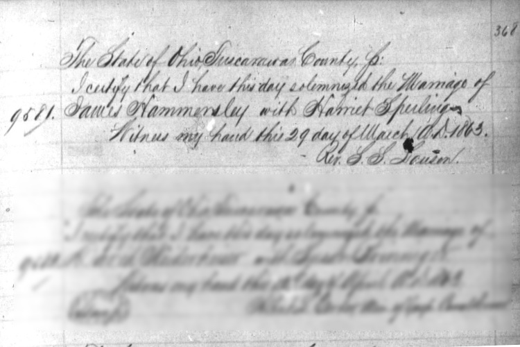 Record of the marriage of James Hammersley and Harriet Sperling, March 1863. (Source: familysearch.org)