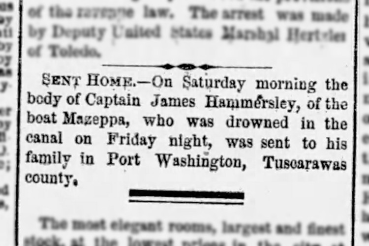 Cleveland, Ohio newspaper reference to James Hammersley's body being returned home to Port Washington, June 1869. (Source: newspaperarchive.com)