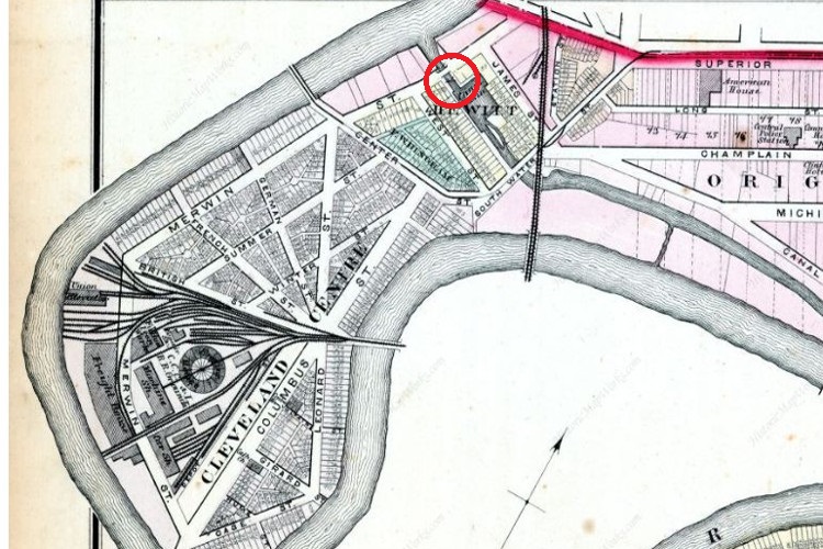 The general location of James Hammersley's death circled in red on an 1874 map of Cleveland. (Source: historicmapworks,com)