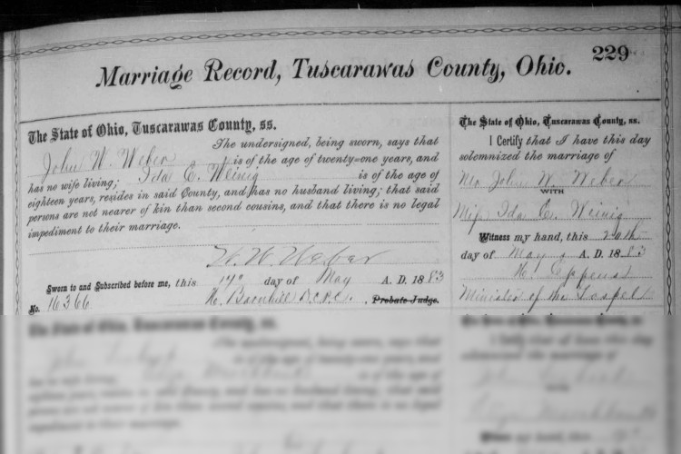 Record of John W Weber's marriage to Ida Elizabeth Weinig, May 1883. (Source: familysearch.org)