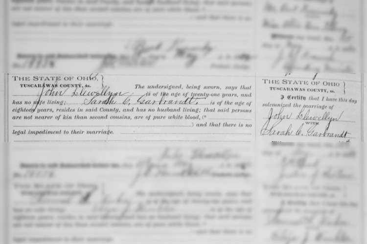 Marriage record of John Llewellyn and Sarah Garabrandt, August 1892. (Source: familysearch.org)