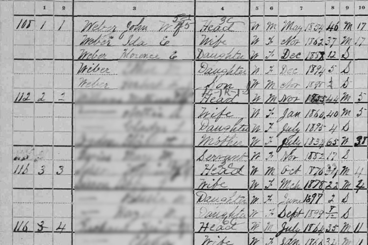 The Weber family recorded on the 1900 census for Dover, Ohio. (Source: familysearch.org)