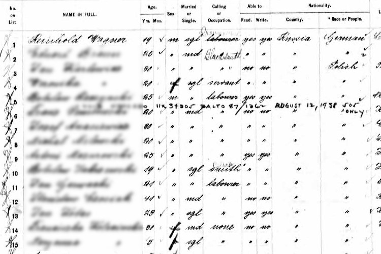 Reinhold Wagner's recorded on the passenger list for the ship that brought him to the United States, May 1903. (Source: ancestry.com)
