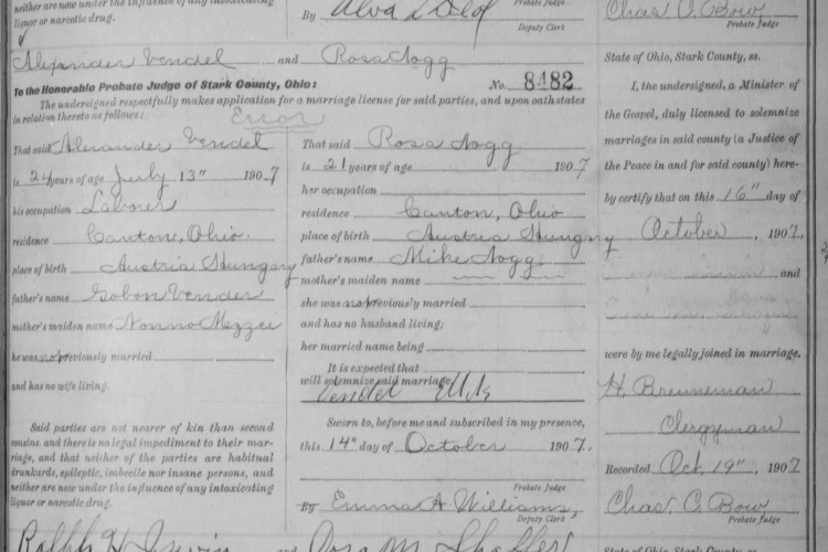 Elix Vandil's (recorded as Alexander Vendel) marriage to Rosa Nogg in the Stark County marriage records, October 1907. (Source: familysearch.org)