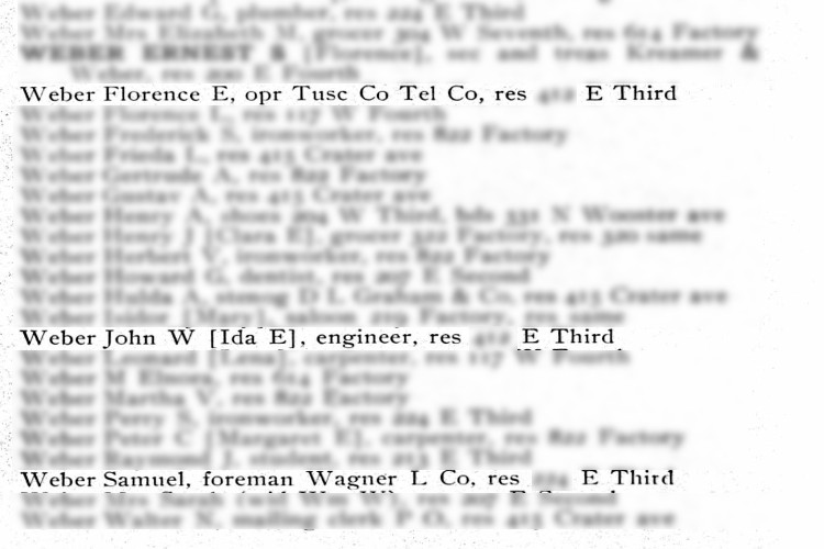 Florence, John, and Samuel Weber recorded in the 1907 City Directory for Dover, Ohio. (Source: ancestry.com)