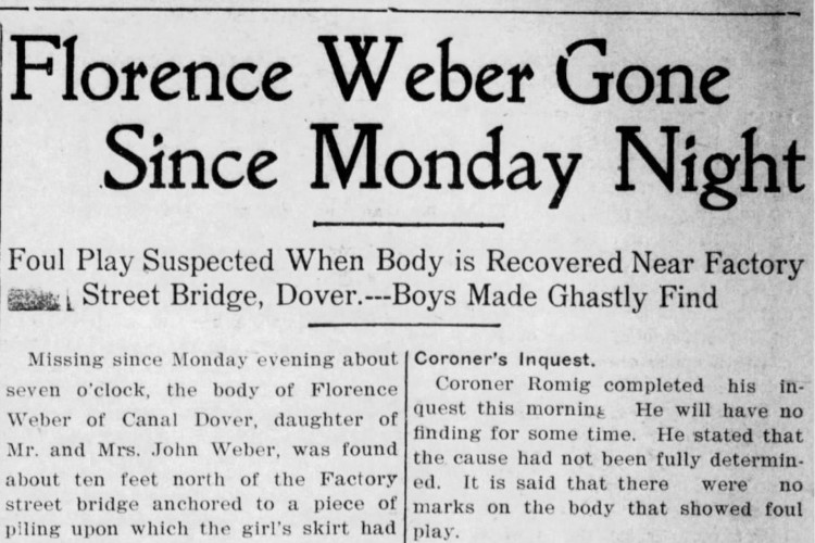 New Philadelphia, Ohio newspaper headline on the disappearance and death of Florence Weber, September 1909. (Source: newspapers.com)