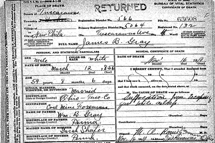 Detail from James B Gray's death certificate, November 1910. (Source: familysearch.org)