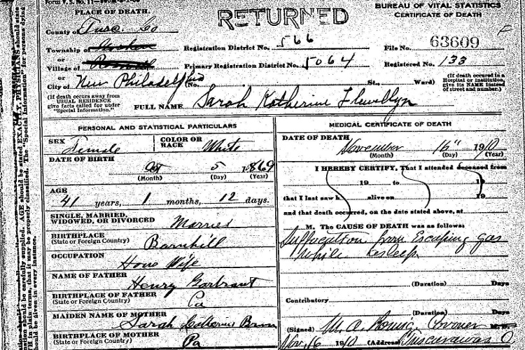 Detail from Kitty Llewellyn's death certificate, November 1910. (Source: familysearch.org)