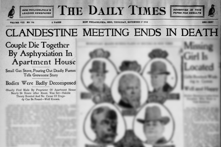 New Philadelphia, Ohio newspaper headlines for the story of the deaths of James Gray and Kitty Llewellyn, November 1910. (Source: newspapers.com)