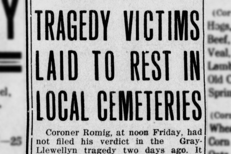 Headline for a New Philadelphia, Ohio newspaper article on the burials of James Gray and Kitty Llewellyn, November 1910. (Source: newspapers.com)